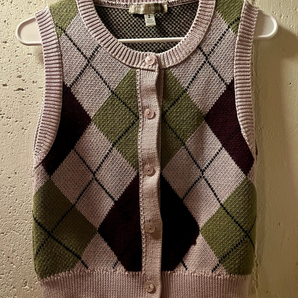 Urban Outfitters knit button up vest in purple and green with Argyle. Size S.